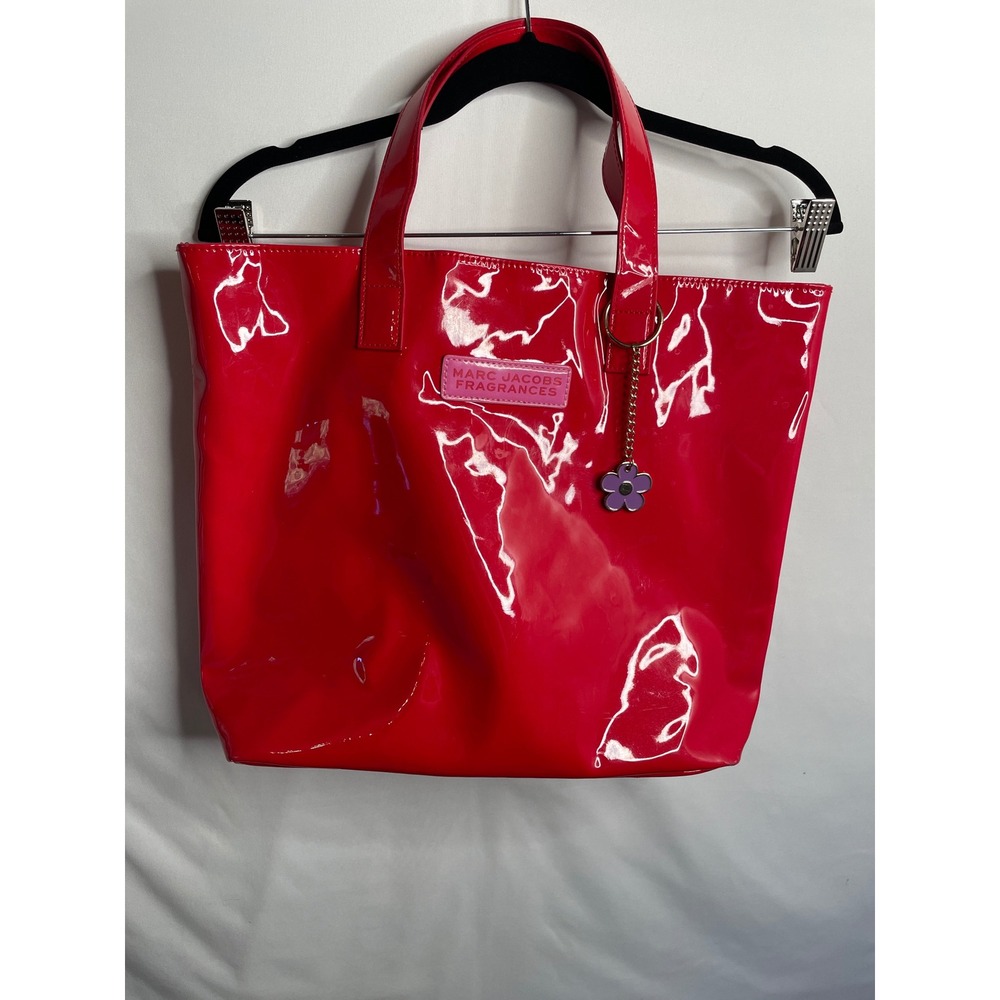 Marc Jacobs Fragrances Red Patent Tote Bag Pink Logo Flower Keychain Accessory